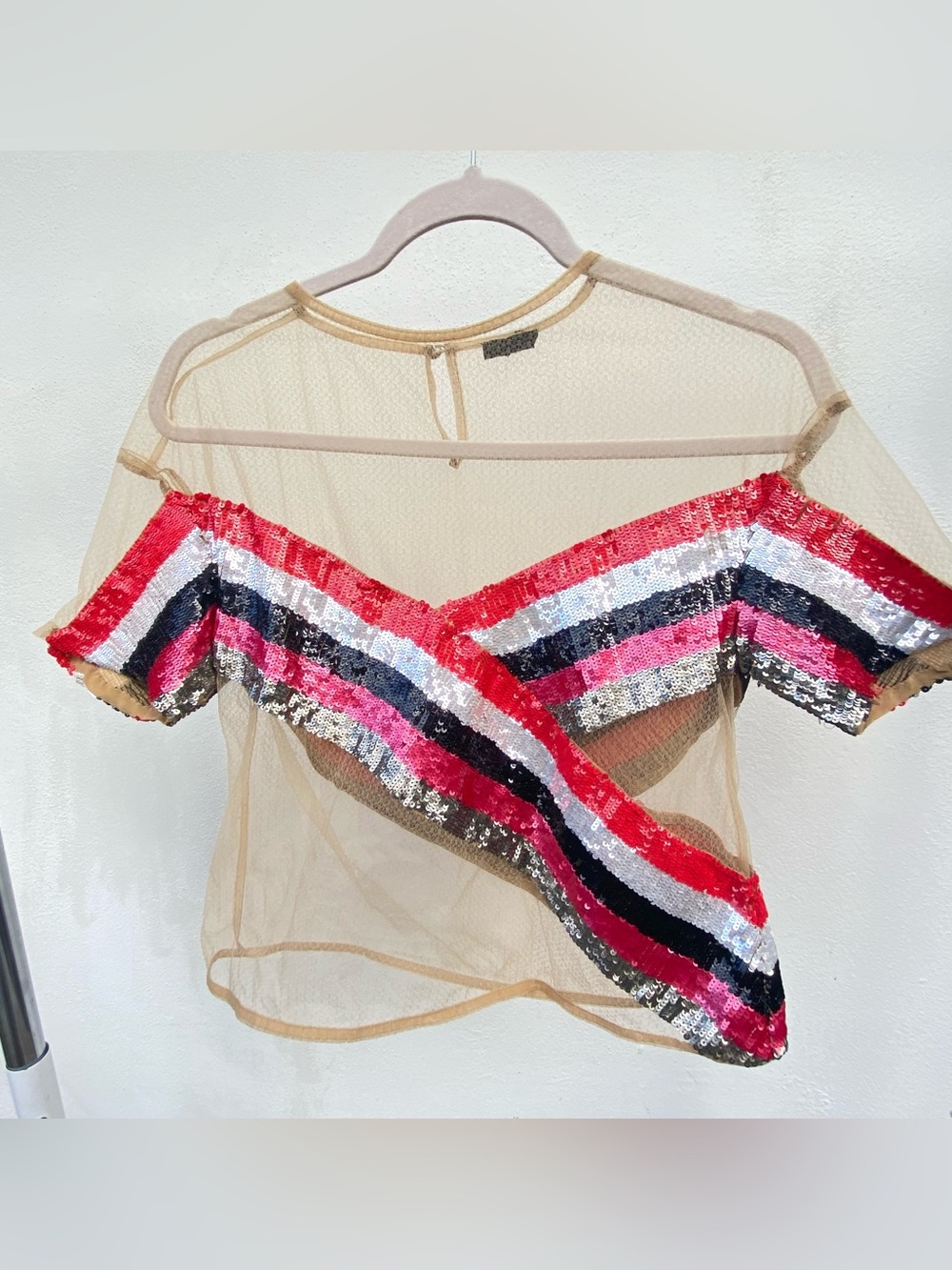 NBD Nude Mesh Red Multicolor Sequin Stripe Top Size Medium